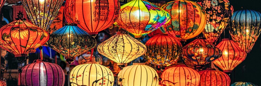 Vibrant lanterns light up the night during a traditional Asian celebration.