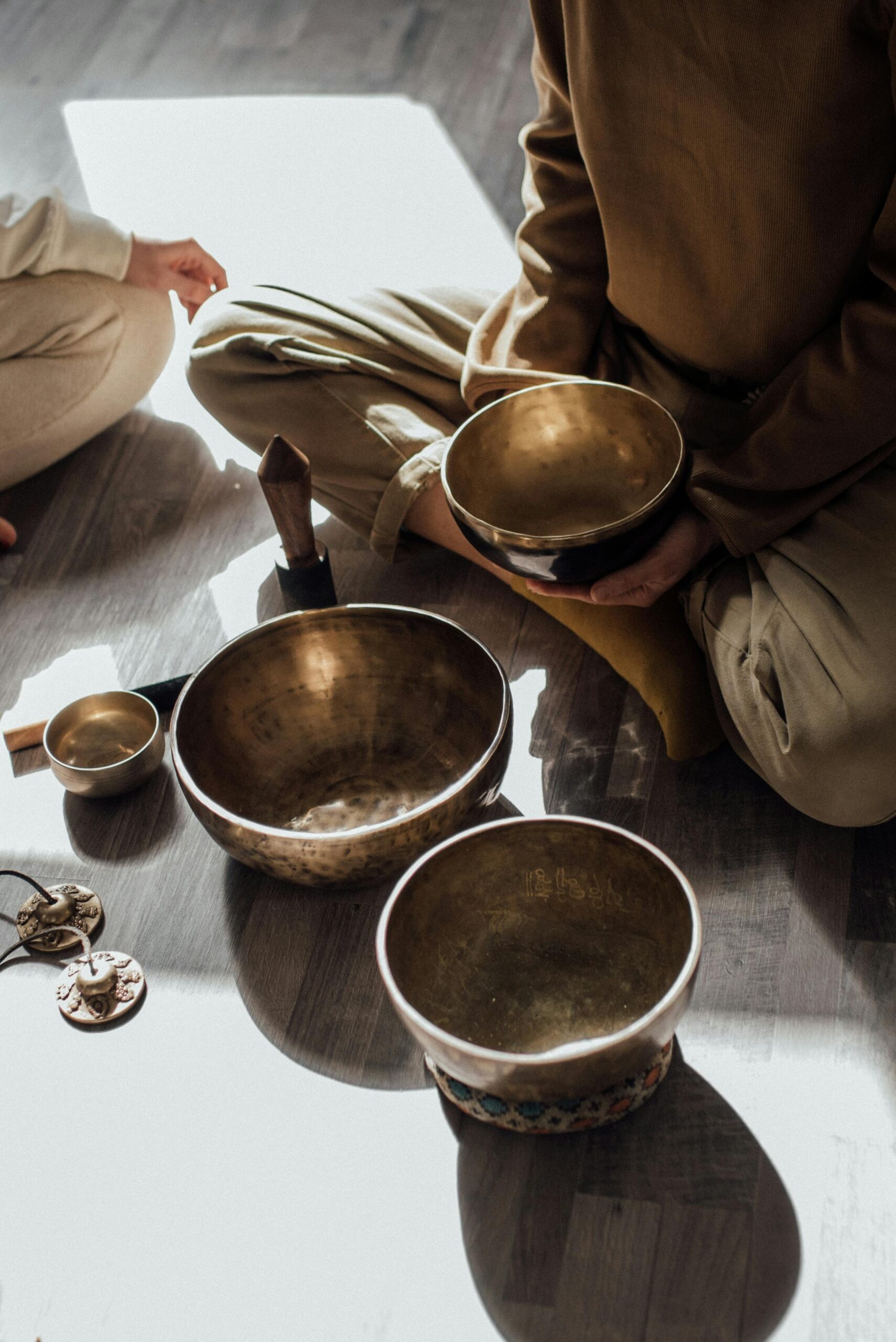 Mindful meditation session using Tibetan singing bowls for relaxation and healing